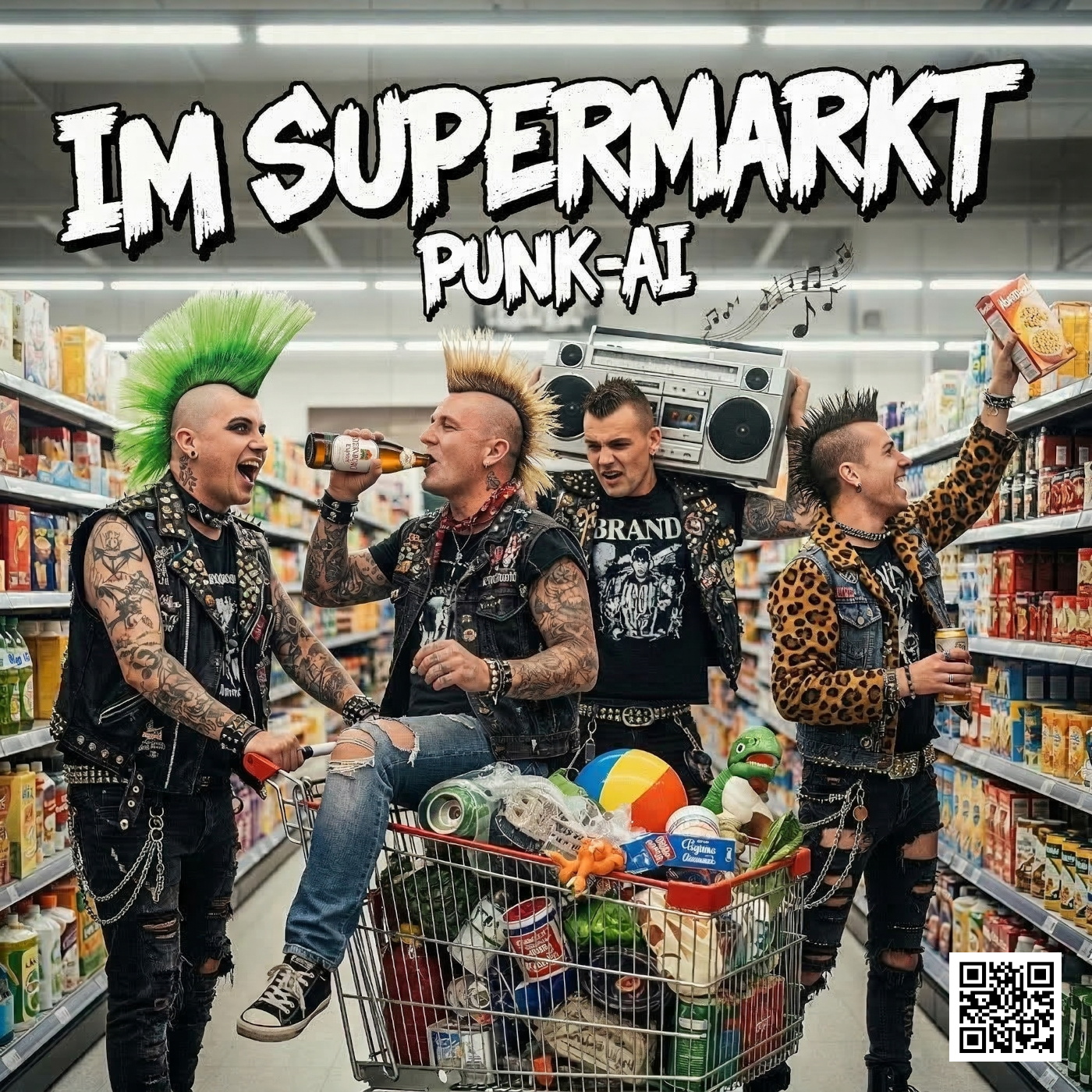 Vier Punks mit Einkaufswagen im Supermarkt, einer trinkt Sternburg